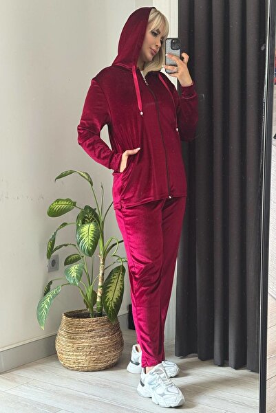 xlargebutik Облекла за големи размери Бордо кадифено спортно комплект с качулка