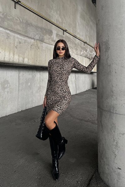 New Now Leopard Patterned Fisher Collar Suede Dress