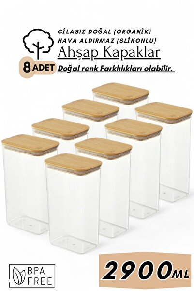 Comprox Doğal Ahşap Kapaklı Silikon Contalı 8'Li Set Saklama Kabı 2900Ml