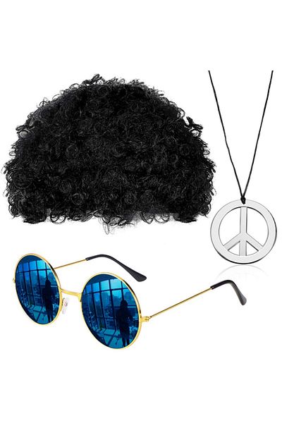 Choice B 2/3/4pcs Halloween Hippie Costume Set Funky Wig Sunglasses Moustache Sign Necklace 50/60/70s Disc.