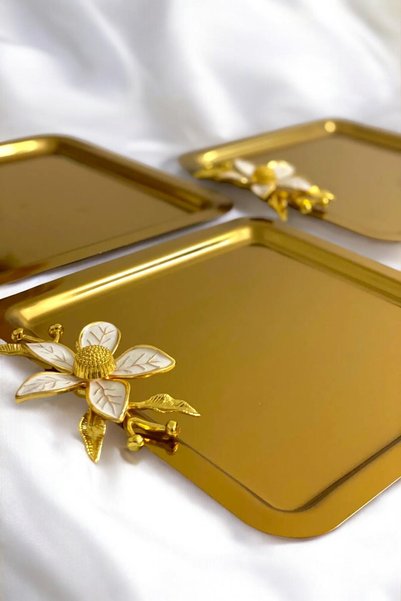 Yaren Style 3-Piece Luxury Coffee Presentation Tray |   Gold Lily Floral