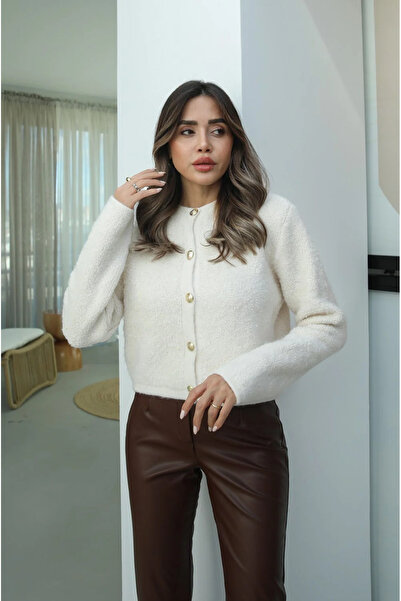 Bolesa Suadiye Women's Crew Neck Gold Buttoned Towel Patterned Knitwear Cardigan