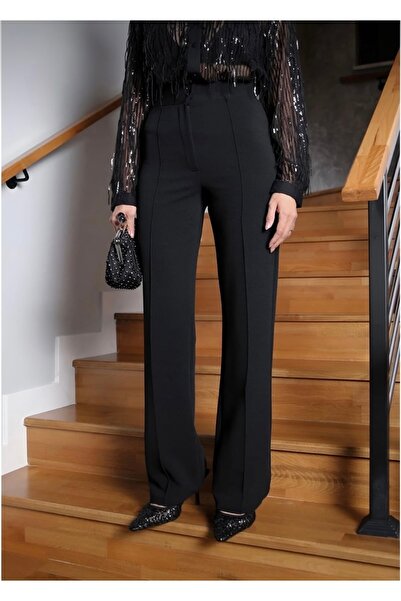 BSAY Women's Black High-Waisted Shaping Flared Palazzo Pants with Seam Detail