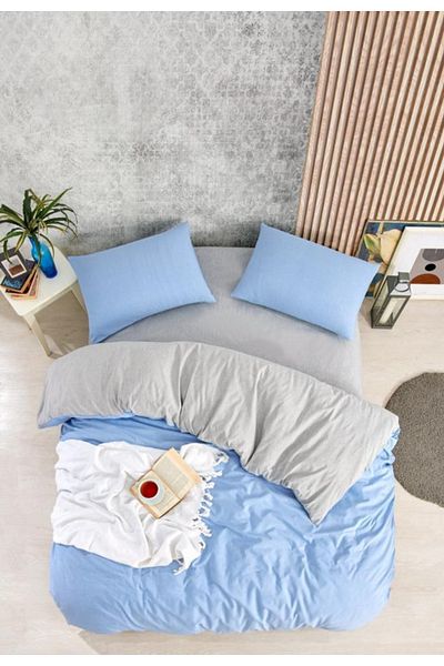 MORRİVAL GRI + ALBASTRU CUPLURI DIMENSIUNE DUBLĂ 180X200 SET DE CUVE CU CEARȘAFURI CU FITURI, 200x235