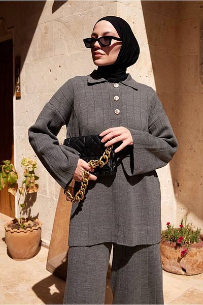 Moda Rosa 25K3268 - Anthracite - Shirt Collar Knitting Suit