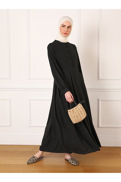 Refka Judge Collar Aerobin Hijab Dress - Side Tie Detail, Black