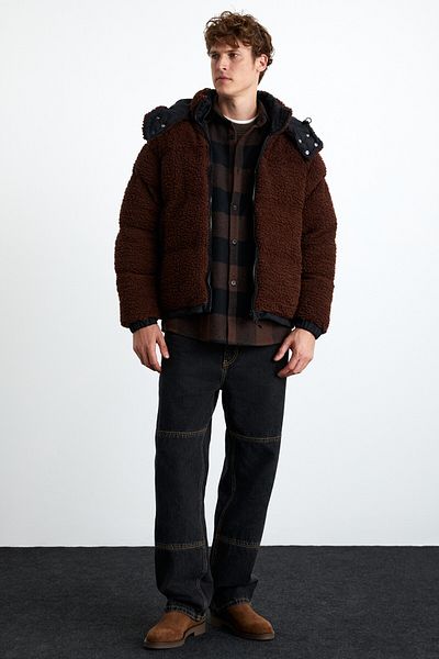 GRIMELANGE Vancuover Men's Plush Fabric Very Thick Inflatable Outerwear Casual Brown Coat