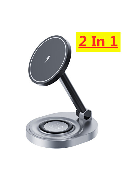 Vikefon قاعدة شحن لاسلكية مغناطيسية سوداء 2 في 1، قابلة للطي، محطة شحن سريع ل...