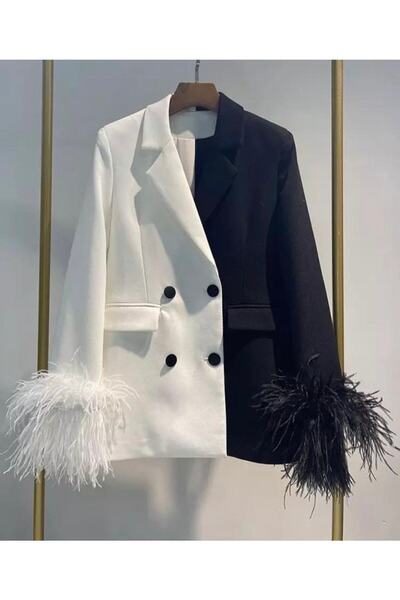 İambabydesign Çift Renk Deve Kuşu Tüylü Blazer Ceket