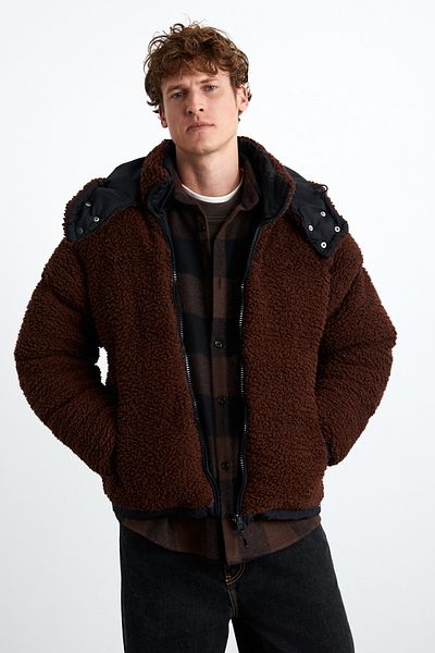 GRIMELANGE Vancuover Men's Plush Fabric Very Thick Inflatable Outerwear Casual Brown Coat