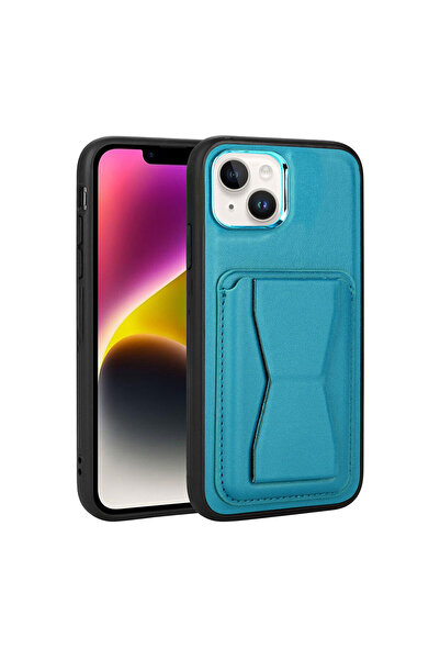 zore iPhone 14 Plus Case with Card Holder and Stand Pu Leather Memo Cover - Blue