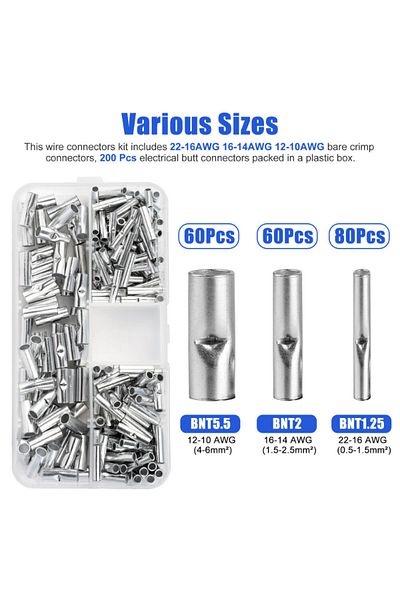 Choice 200pcs Butt Wire Connector Uninsulated Ferrules Electrical Cable Terminal Bare Tinned Crimp Termi...