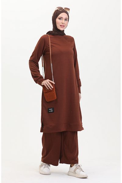 sefamerve 0044-35 Brown Two-String Tunic and Trousers Set