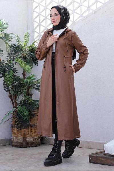 TRENDTESETTÜR Tan Hooded Γυναικείο Δερμάτινο Παλτό - Faux 4121
