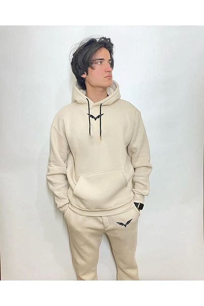 aynewmoda Wing Eagle Front Top Bottom Суичър с качулка с щампа Ecru и спортни панталони Ecru Oversize