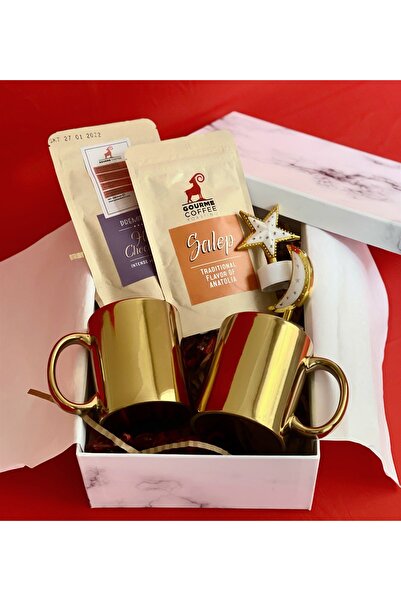 Gift Moda Çift Gold Kupa Sıcak Çikolata & Sahlep Sevgiliye Hediye Seti