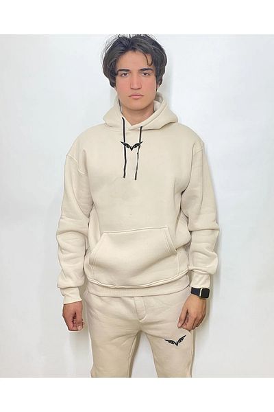 aynewmoda Wing Eagle Front Top Bottom Суичър с качулка с щампа Ecru и спортни панталони Ecru Oversize