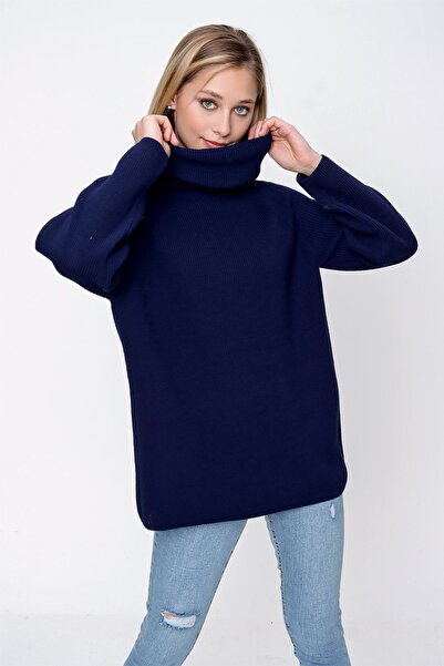 CHUBA Navy Blue Degaje Collar Long Thessaloniki Knitwear Women's Sweater - 22Wk258