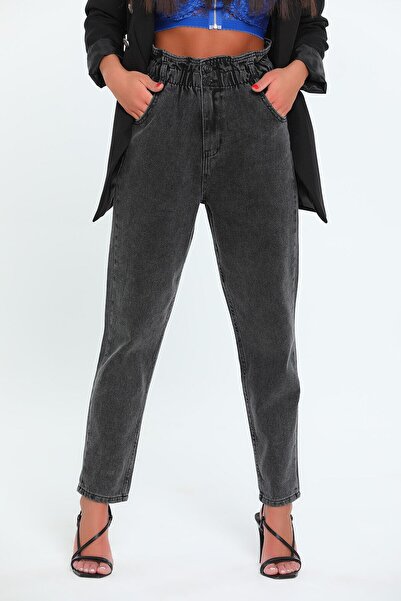 ByCukurovaFrango BY-3094 Τζιν Μαύρο Παντελόνι με Ψηλόμεση Ζώνη και Κορδόνι Πε...