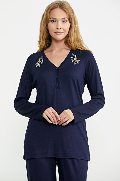 Sementa Nakış Detaylı  Düğmeli Pijama Takım - Lacivert