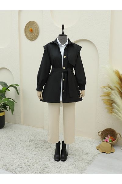 Modamorfo Double Button Belted Trench Coat with Brooch Button -Black