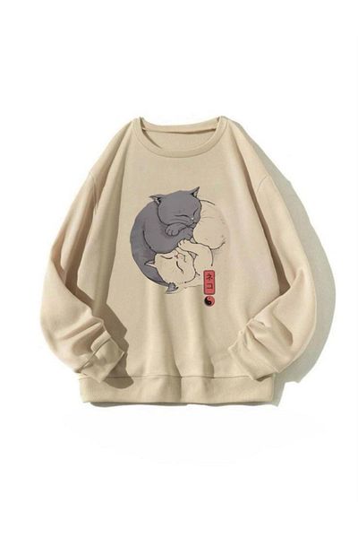 OFFSIDESIGN Ying Yang Cat Printed Unisex Oversize Φούτερ - Crew Neck, Μαύρο Λευκό Γκρι Κόκκινο