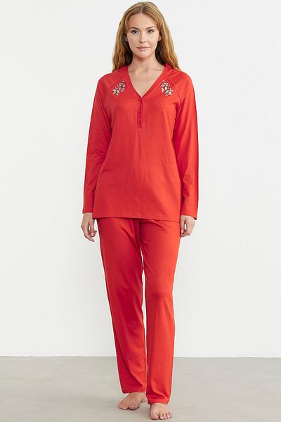 Sementa Set de pijamale cu nasturi cu broderie de culoare coral