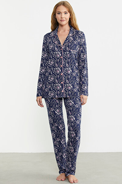 Sementa Navy Blue Shirt Collar Buttoned Pajama Set
