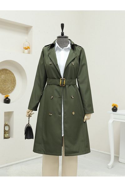 Modamorfo Intermediate Trench Coat with Buttoned Belt - Khaki