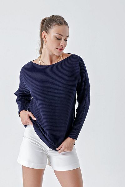 CHUBA Navy Blue Ribbed Loose Knitwear Women's Sweater - Boat Neck 24W109