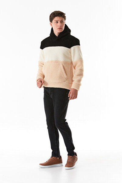 Fulla Moda Renk Bloklu Kanguru Cepli Kapüşonlu Peluş Sweatshirt
