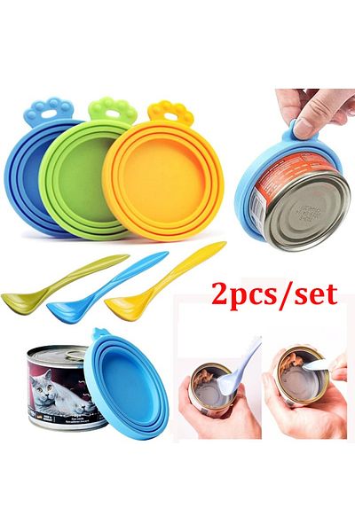 Choice 2pcs/set Reusable Pet Food Can Cover Silicone Dogs Cats Storage Tin Cap Lid Seal Cover with Spoon