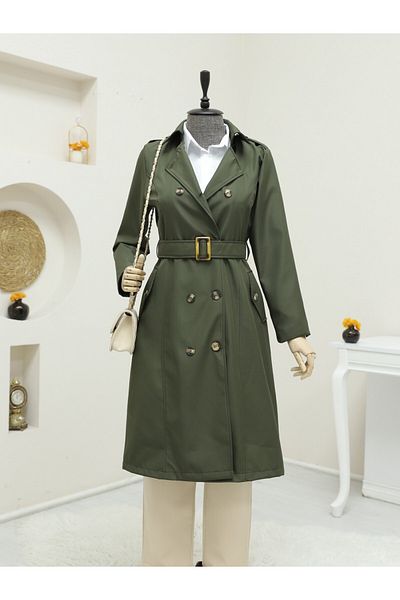 Modamorfo Intermediate Trench Coat with Buttoned Belt - Khaki