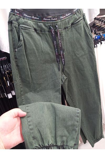 AKŞEN GİYİM Green Large Size Lycra Jean Trousers - Elastic Leg with Stone Detail