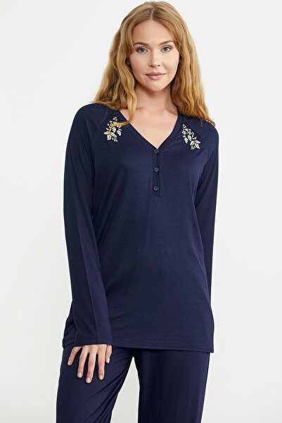 Sementa Nakış Detaylı  Düğmeli Pijama Takım - Lacivert