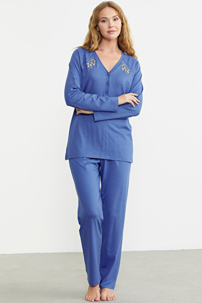 Sementa Nakış Detaylı  Düğmeli Pijama Takım - Mavi