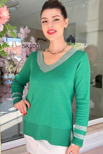 İnce Topuk بلوزة تريكو لامعة برقبة على شكل حرف V - 5k100