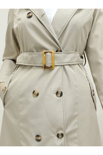 Modamorfo Buttoned Belted Medium Length Trench Coat - Stone