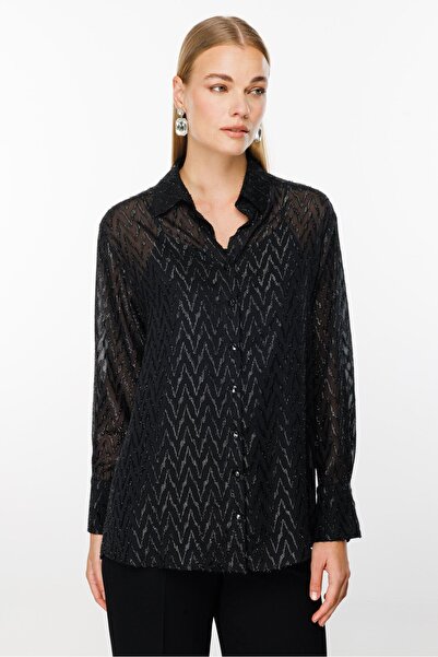 Moda İlgi Modailgi  Simli Zikzak Jakar Askılı Gömlek Siyah