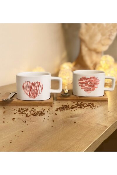 Gift Moda I Love You Tasarımlı 2'li Ahşap Standlı Kupa Set