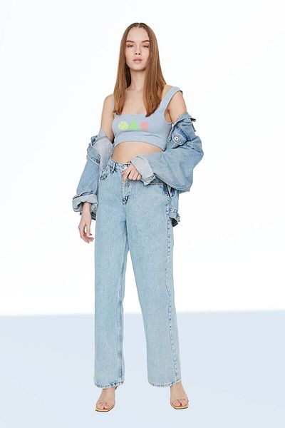 ByCukurovaFrango River Shabby Light Blue - Blugi Palazzo din lycra cu talie super înaltă, spălați cu zăpadă acidă, anii 90