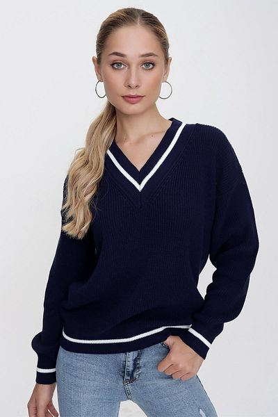 CHUBA Women's Navy Blue V-Neck Contrast Line Detailed Comfortable Fit Thessaloniki Knitwear Sweater 22wk209