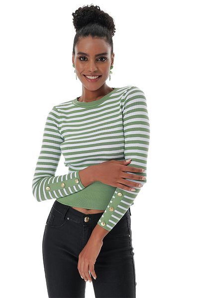 CHUBA Women's Striped Crew Neck Button Detailed Knitwear Sweater Green-white 23s1001
