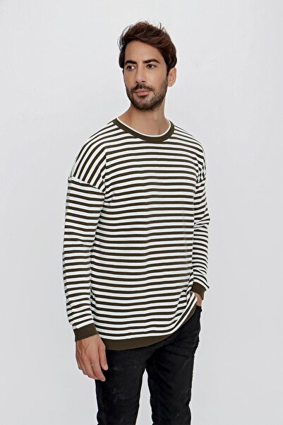 CHUBA Ανδρικό πουλόβερ με λωρίδες και λωρίδες με λαιμόκοψη Χακί-Εκρού 23w206