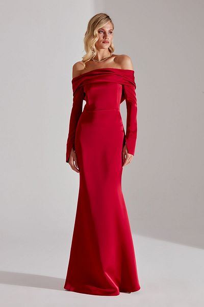BETTY & SAM Clara Off-shoulder RED Fish Skirt Dress