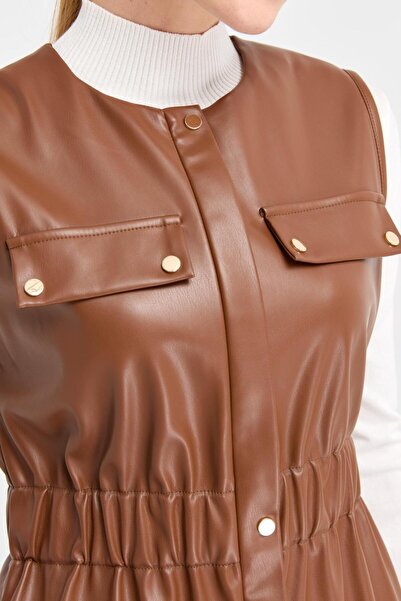 Esswaap Beli Büzgü Detaylı İçi Nubuk Deri Yelek  Taba