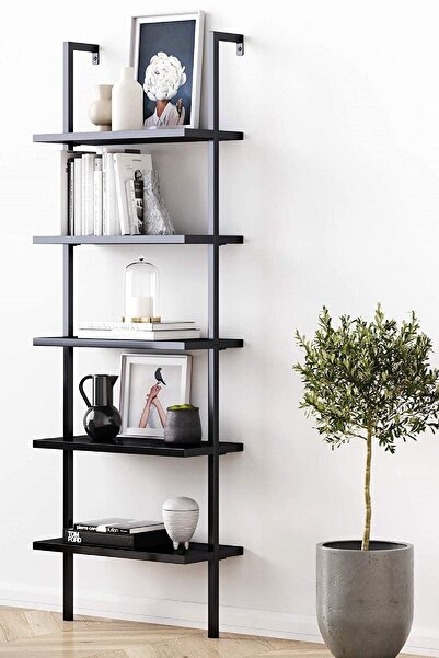 Plus aksesuar Siyah Renk Dekoratif Tasarım 5 Katlı Duvara Monte Kitaplık Aksesuar Rafı