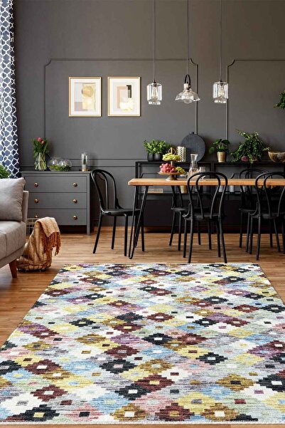 KilimistA VALENCIA 1502 Renkli Kaymaz Taban Yıkanabilir Modern Halı Kilim