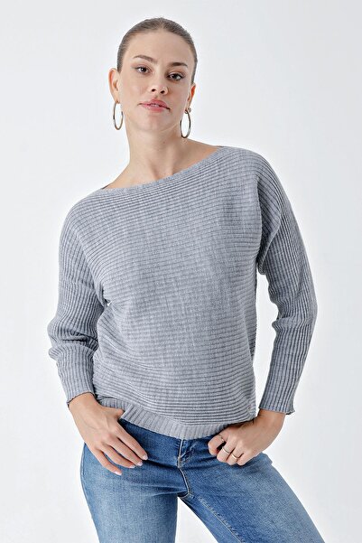 CHUBA Pulover de damă din tricotaje casual cu nervuri gri - Gât barca 24w109