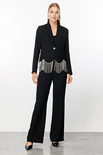 Moda İlgi Modailgi  Şerit Taş Detaylı Kısa Ceket Siyah